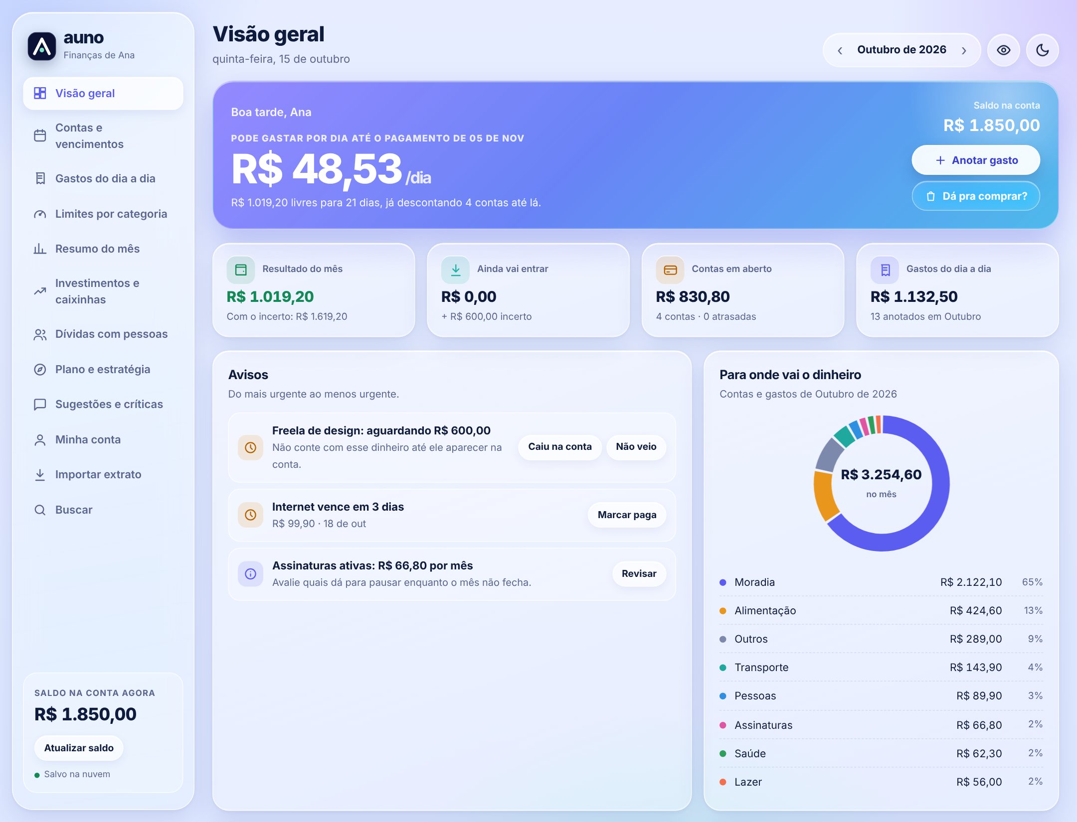 Visão geral do Auno no computador com saldo, contas em aberto e gastos do mês