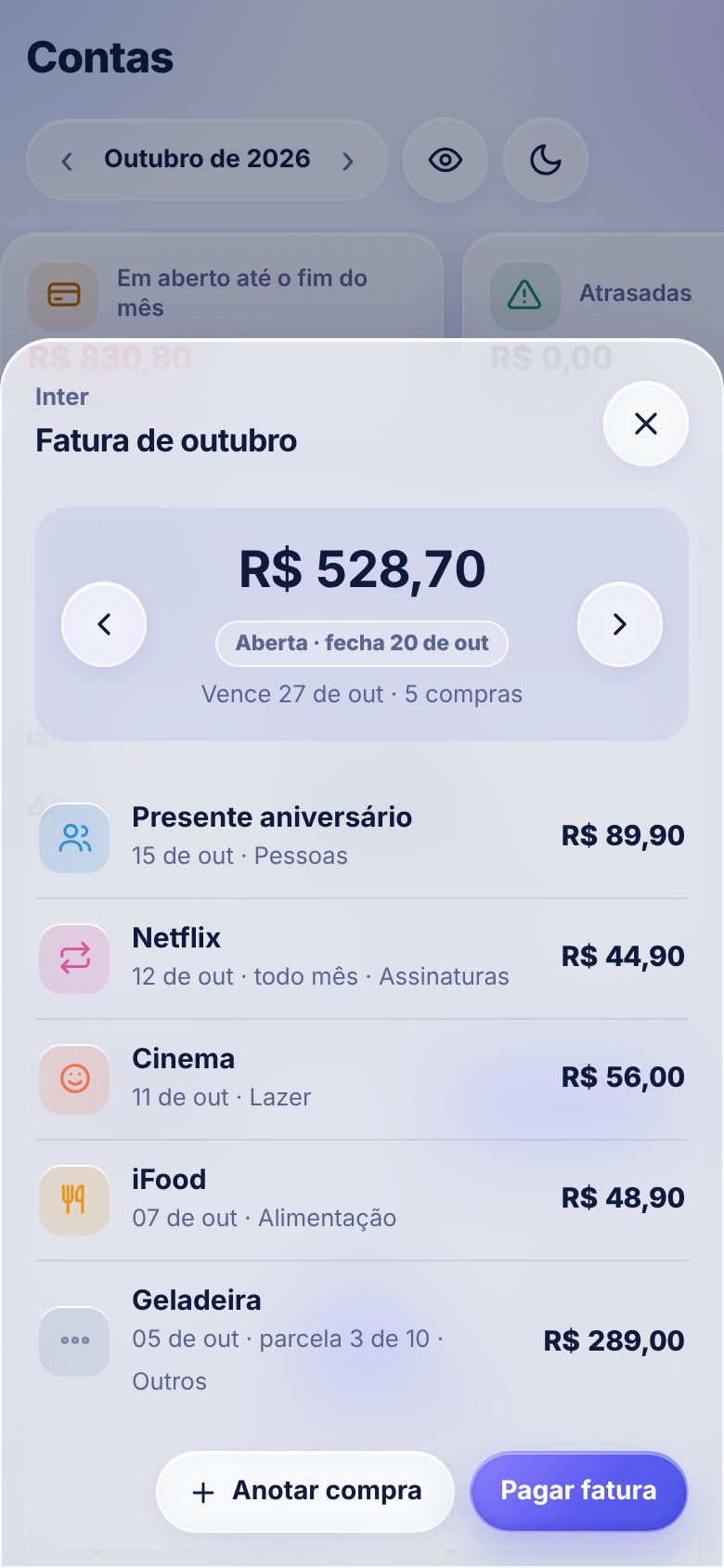 Fatura de outubro do cartão com as cinco compras dentro